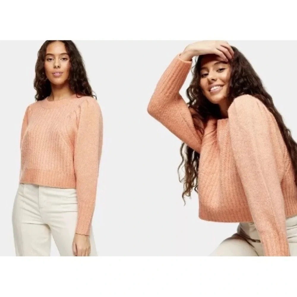 💗 TOPSHOP Peach Orange Cable Knit Puff Sleeve‎ Rib Pullover Small UK4/6 36-38